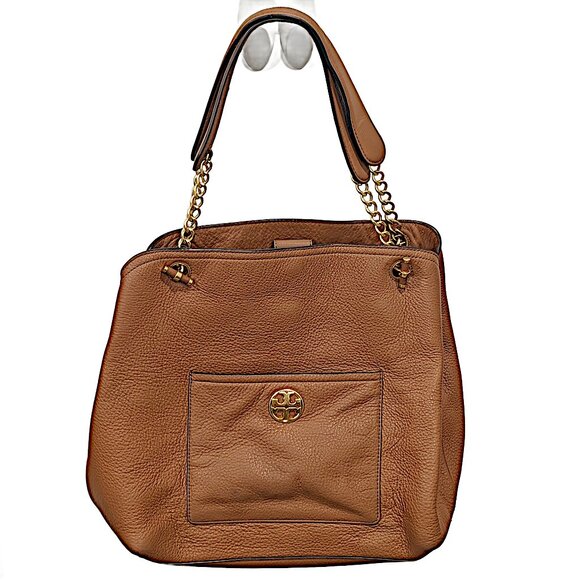 Tory Burch Chelsea Slouchy Brown Tan Leather Tote Purse with Gold Tone Accents - Picture 1 of 8